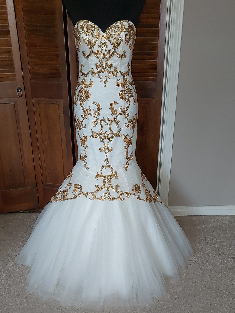 Sherri Hill White Strapless Gold Sequin Tulle Mermaid Dress Sz 4